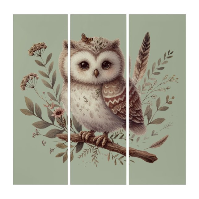 Whimsical Woodland Owl Botanical Illustration Triptych (Front)