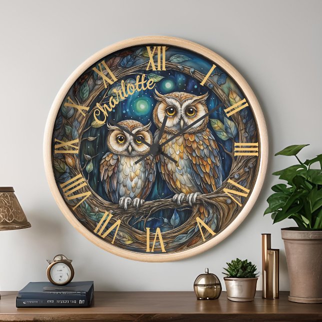 Whimsical Woodland Owl Family Boho Nursery Decor Clock (Whimsical boho woodland nursery clock with mama owl and owlet personalized in dreamy nature colors)