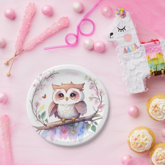 Whimsical Woodland Owl Girl Baby Shower Paper Plates (Party)