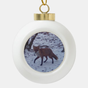 Whimsical Woodland Red Fox Winter Scene Cute Snowy Ceramic Ball Christmas Ornament
