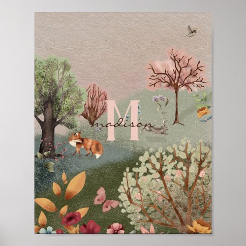Whimsical Woodland Scene Colored Pencil Nursery Poster