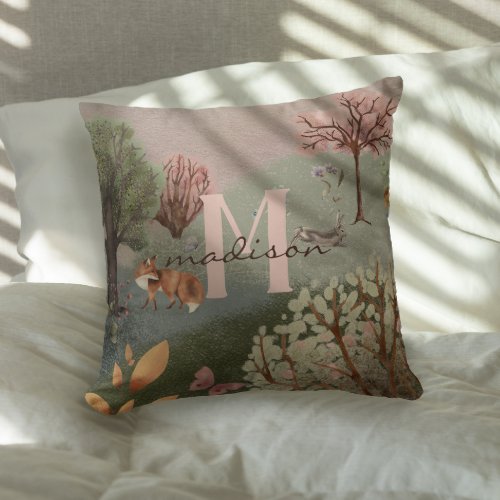 Whimsical Woodland Scene Colored Pencil Throw Pillow