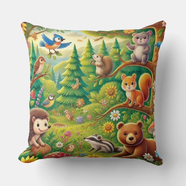 Whimsical Woodland Scene with Cute Animals Throw Pillow (Front)