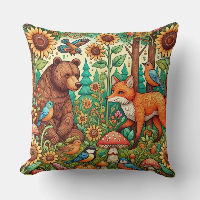 Whimsical Woodland Scene with Cute Animals Throw Pillow (Front)
