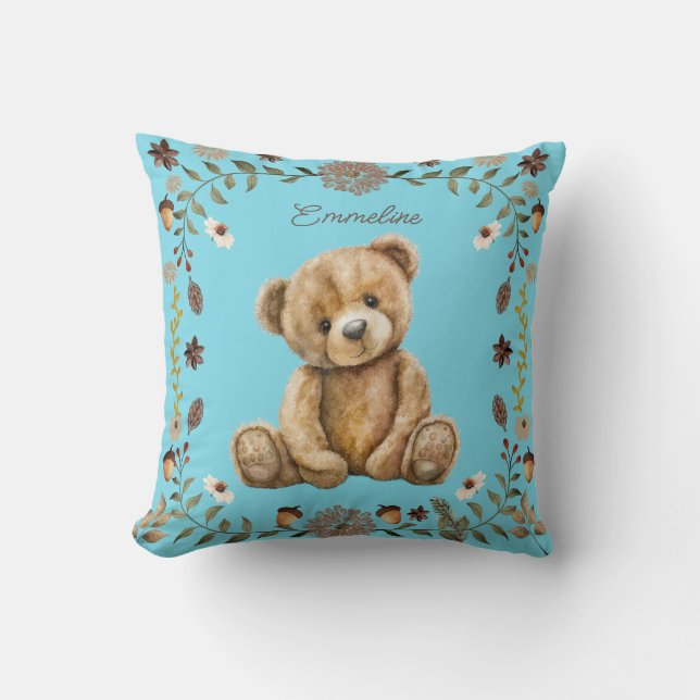 Whimsical Woodland Teddy Bear Blue Nursery Throw Pillow (Front)