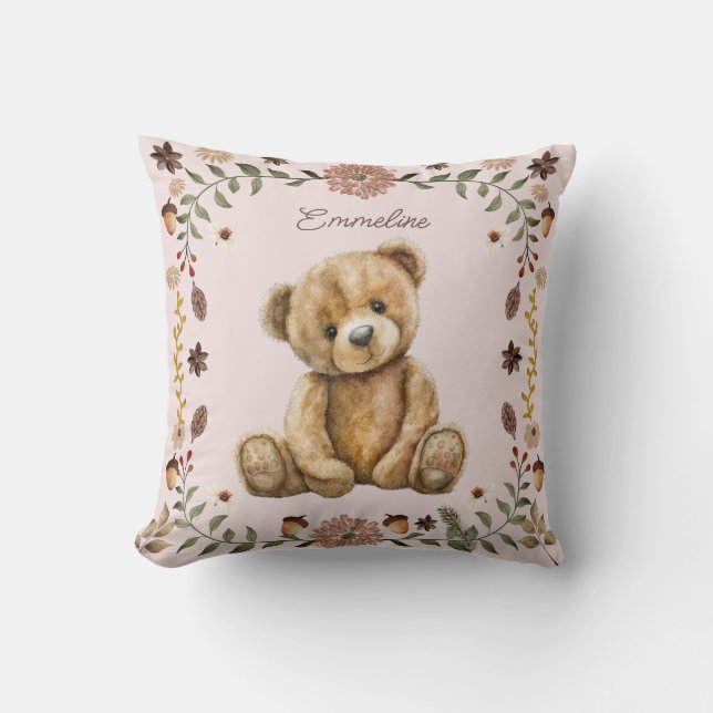 Whimsical Woodland Teddy BearBlush Pink Nursery Throw Pillow (Front)