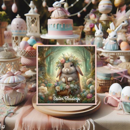 Whimsical Woodlands Bunny Flower Basket Easter  Holiday Card