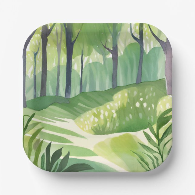 Whimsical Woods | Forest Watercolor Landscape Paper Plates (Front)