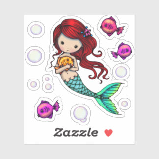 Whimsical World Sweet Mermaid with Fish and Bubble Sticker