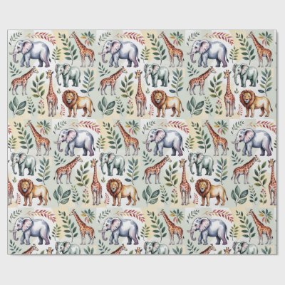 Whimsical wrapping paper featuring elephants, lion