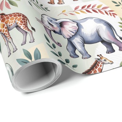 Whimsical wrapping paper featuring elephants, lion