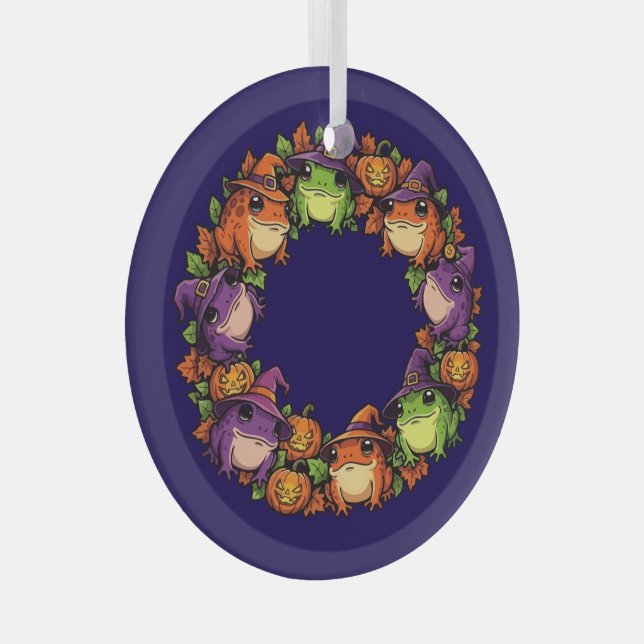 Whimsical Wreath Adorned With Toads Jackolanterns Glass Ornament (Front Right)