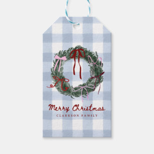Whimsical Wreath Blue Gingham Christmas  Gift Tags