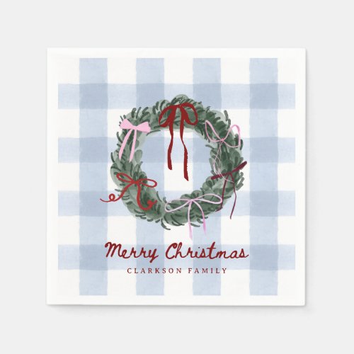Whimsical Wreath Blue Gingham Christmas Napkins