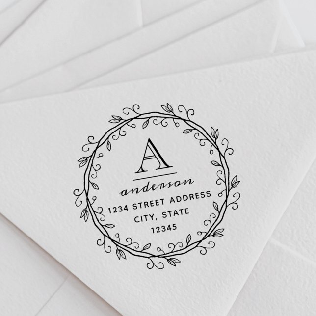 Whimsical Wreath Custom Monogram Return Address Self-inking Stamp (Creator Uploaded)