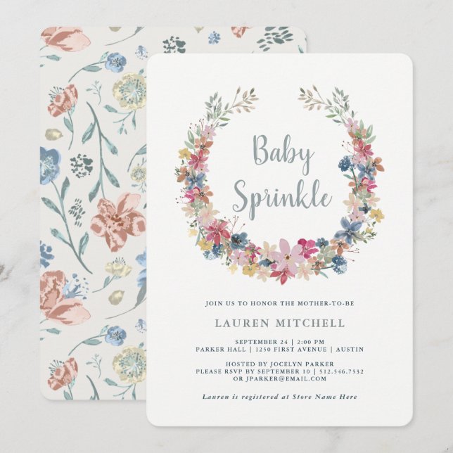 Whimsical Wreath | Floral Baby Sprinkle Invitation (Front/Back)