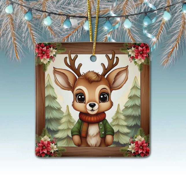 Whimsical Xmas Reindeer Holiday Decoration  🦌🎄 (Whimsical Xmas Reindeer Holiday Decoration Adorable Deer Antlers rustic square ceramic ornament 🦌🎄)