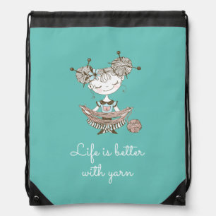 Whimsical Yarn Lover Girl Drawstring Bag