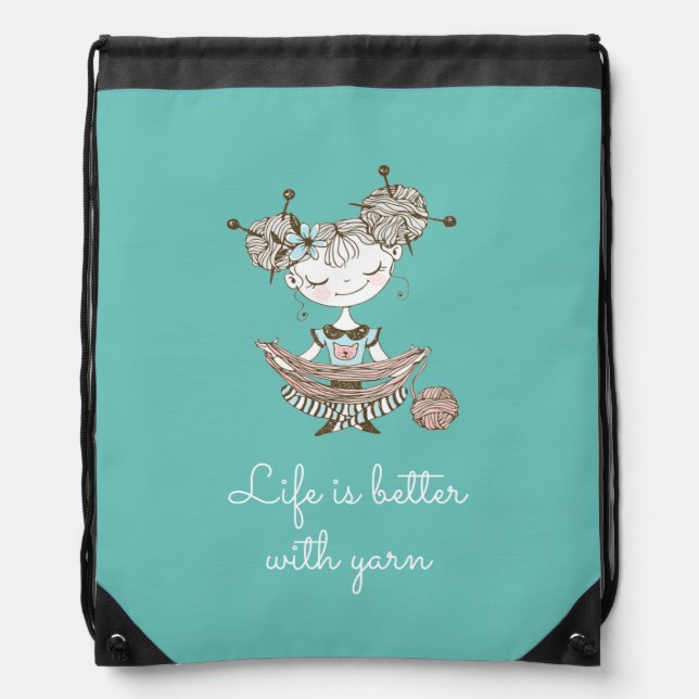 Whimsical Yarn Lover Girl Drawstring Bag (Front)
