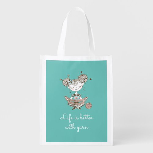 Whimsical Yarn Lover Girl Grocery Bag