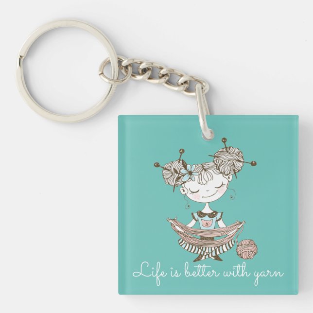 Whimsical Yarn Lover Girl   Keychain (Front)