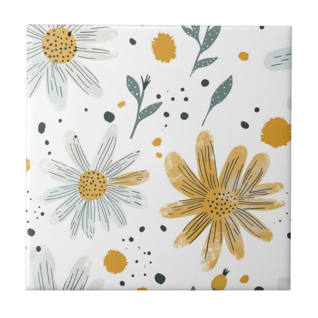 Whimsical Yellow and White Floral Pattern Ceramic Tile (Front)