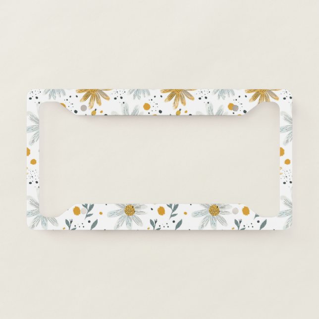 Whimsical Yellow and White Floral Pattern License Plate Frame (Front)