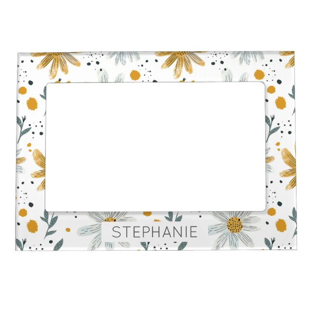 Whimsical Yellow and White Floral Pattern Magnetic Frame (Front)