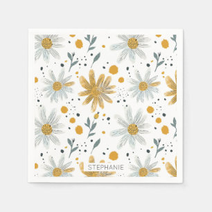 Whimsical Yellow and White Floral Pattern Napkins