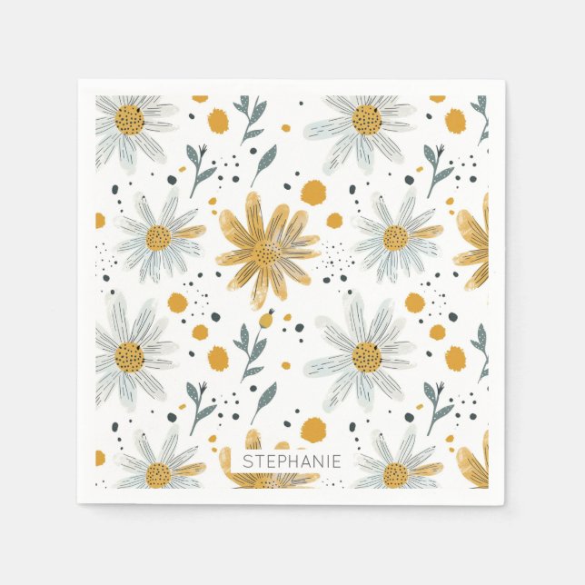 Whimsical Yellow and White Floral Pattern Napkins (Front)