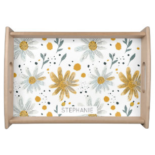 Whimsical Yellow and White Floral Pattern Serving Tray