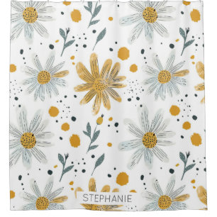 Whimsical Yellow and White Floral Pattern Shower Curtain