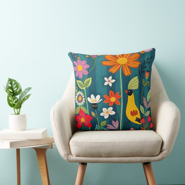 Whimsical Yellow Bird Throw Pillow (Chair)