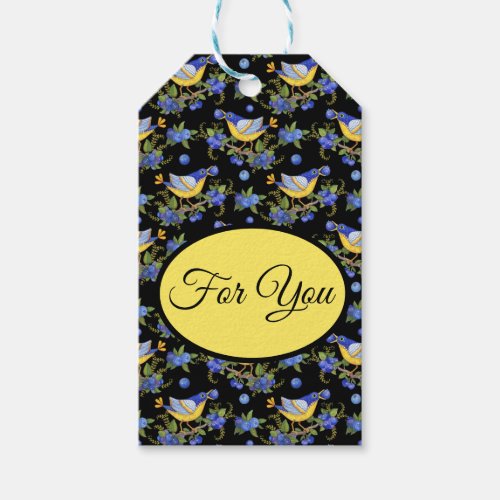 Whimsical Yellow Birds  Blueberries Blk Gift Tag