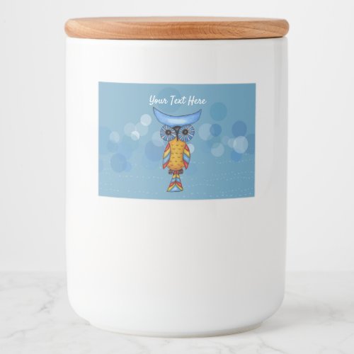 Whimsical Yellow Blue Owl Colorful Feathers Circle Food Label