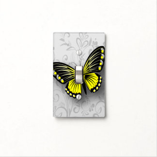 Whimsical Yellow Butterfly on Gray Floral Light Switch Cover