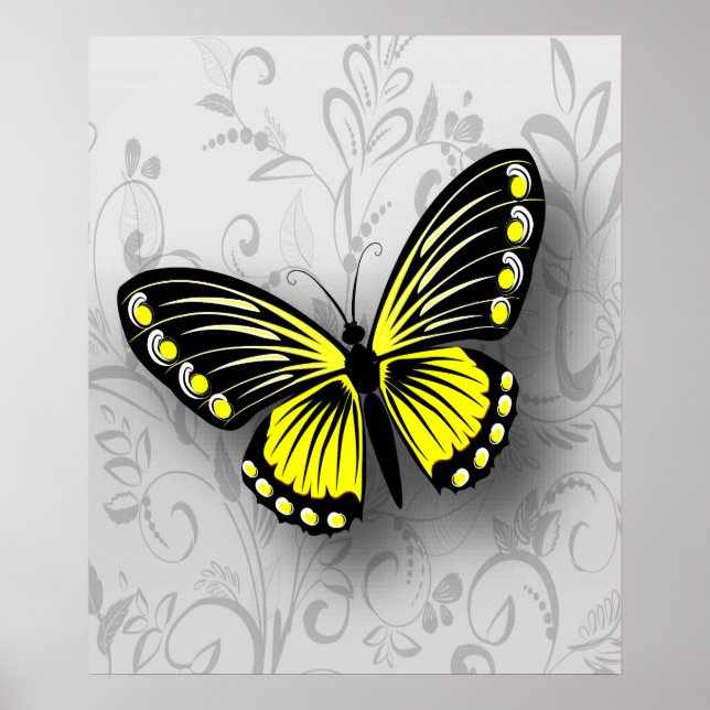 Whimsical Yellow Butterfly on Gray Floral Poster (Front)