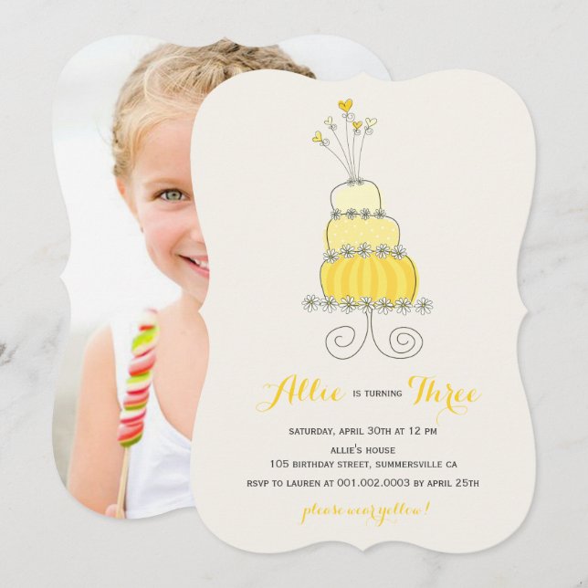 Whimsical Yellow Cake Girl Birthday Party Invite (Front/Back)