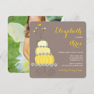 Whimsical Yellow Cake Girl Birthday Party Invite