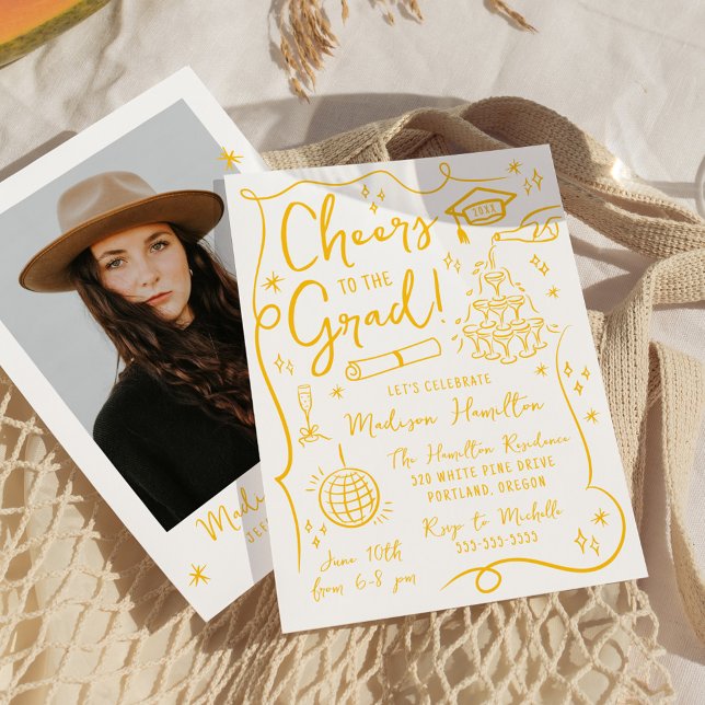 Whimsical Yellow Doodles Photo Graduation Party Invitation (Creator Uploaded)