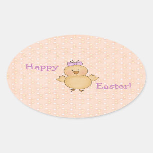Whimsical Yellow Easter Chick on Peach Easter Eggs Oval Sticker
