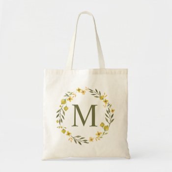 Whimsical Yellow Floral Wreath Monogram Tote Bag by cardeddesigns at Zazzle