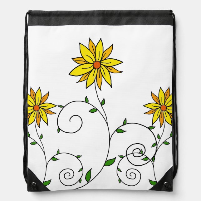 Whimsical Yellow Flower Doodle Art Drawstring Bag (Front)