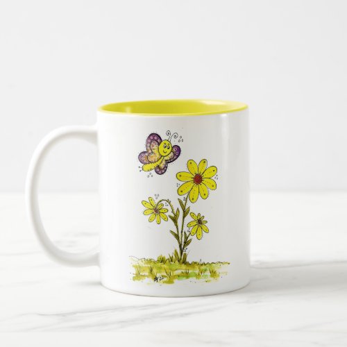 Whimsical Yellow Flowers with a Butterfly Two_Tone Coffee Mug