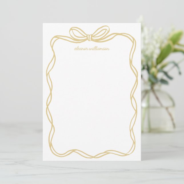 Whimsical Yellow Gold Bow Personalized Stationery Note Card (Standing Front)