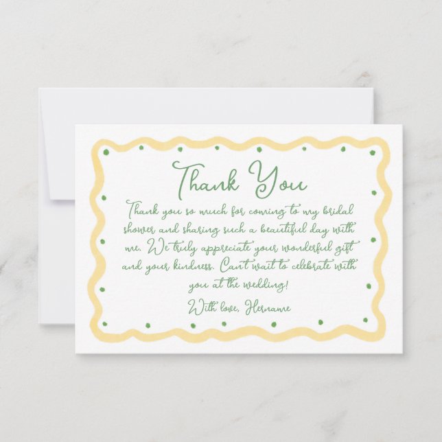 Whimsical Yellow Green Hand Painted Bridal Shower Thank You Card (Front)