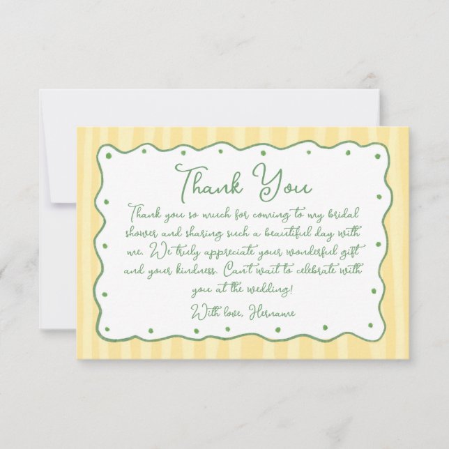 Whimsical Yellow Green Hand Painted Bridal Shower Thank You Card (Front)
