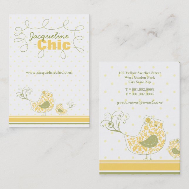 Whimsical Yellow Mommy And Baby Bird Damask Swirls Business Card (Front/Back)