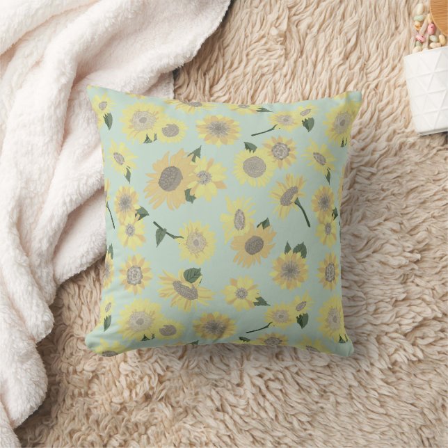 Whimsical Yellow Orange Blue Painted Sunflower Throw Pillow (Blanket)