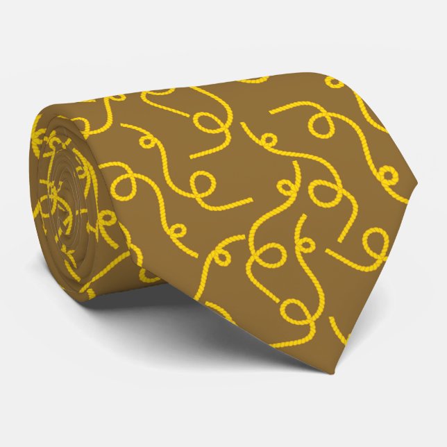 Whimsical Yellow Rope Patterns on Brown Back Neck Tie (Rolled)